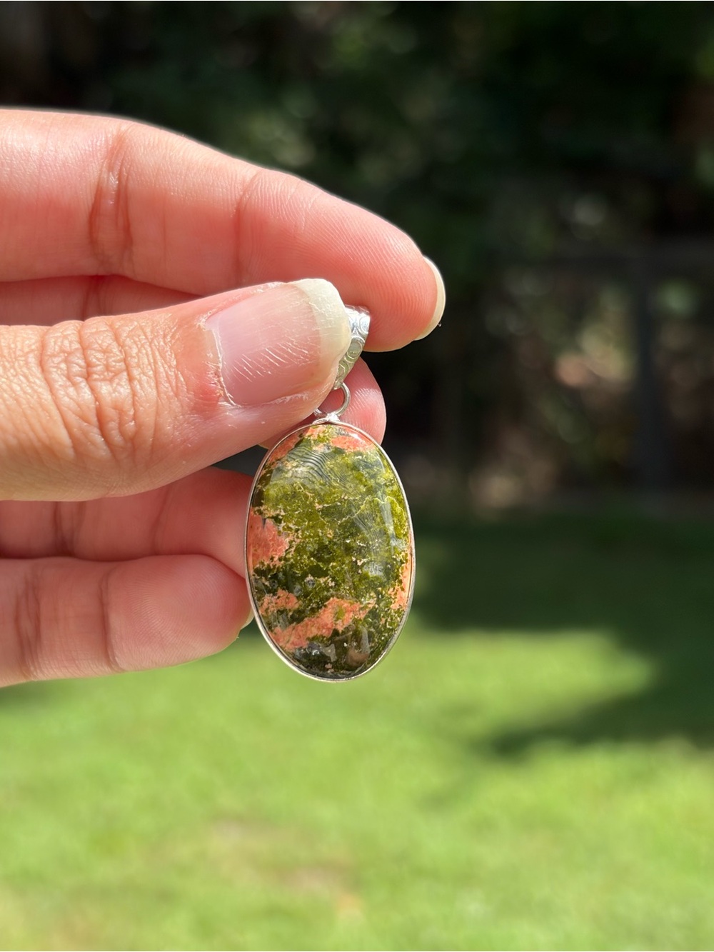 Green and Pink Unakite Oval Pendant - Sterling Silver